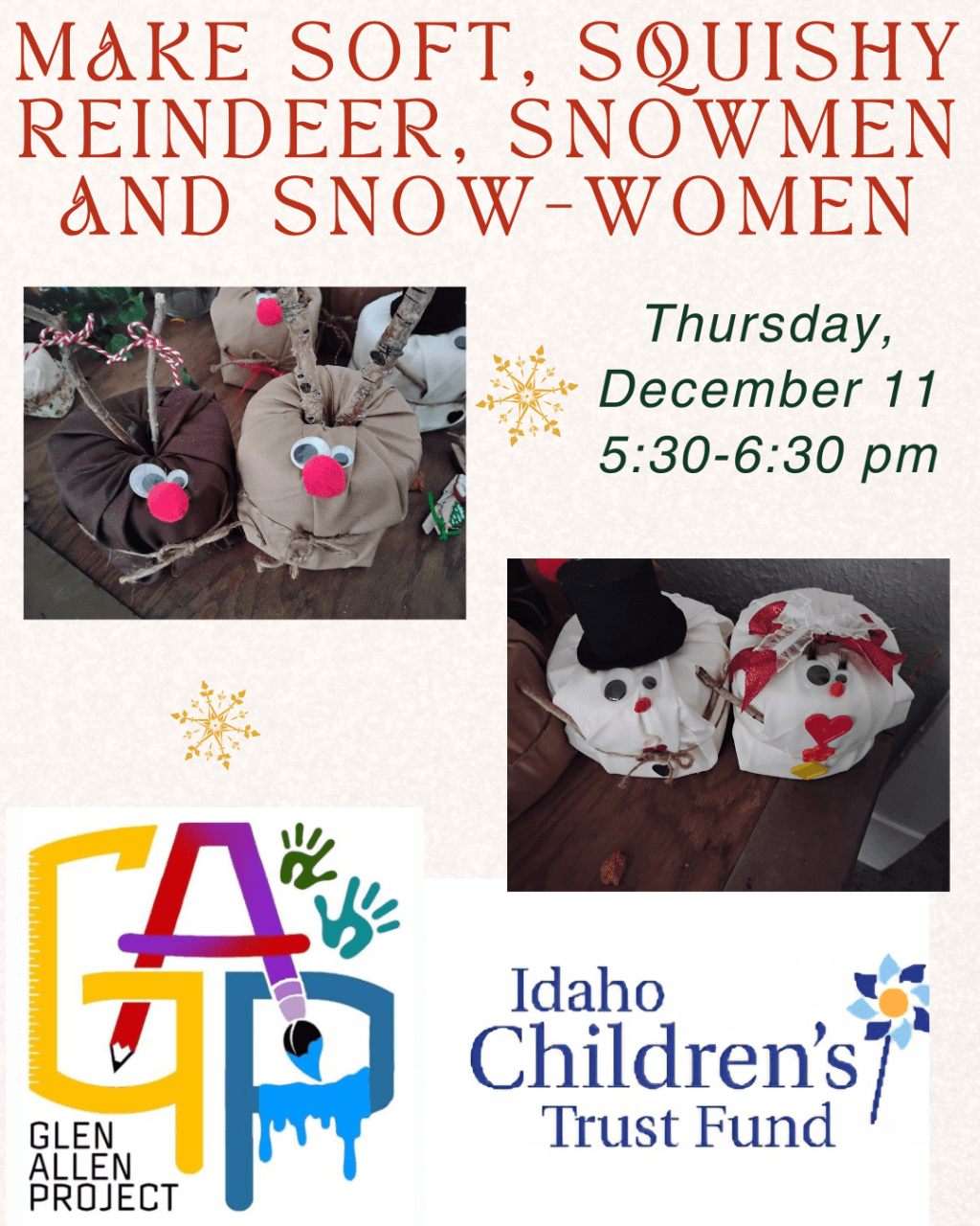 🎨 FREE Art Class Alert! 🎨Soft, Squishy Reindeer, Snowmen, and&nbsp;Snow-women